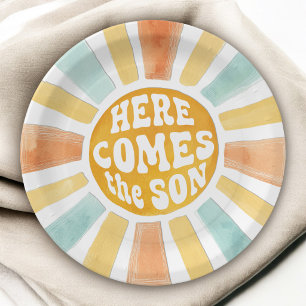 Here Comes the Son Retro Sunshine Baby Shower Paper Plate