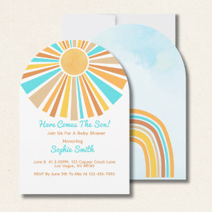 Here Comes The Son, Retro Sunshine Orange Blue Invitation