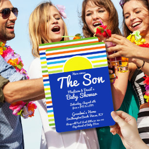 Here Comes The Son Summer Stripes Primary Blue Invitation