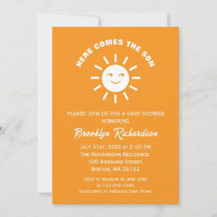 Here Comes The Son Sun Orange White Baby Shower Invitation