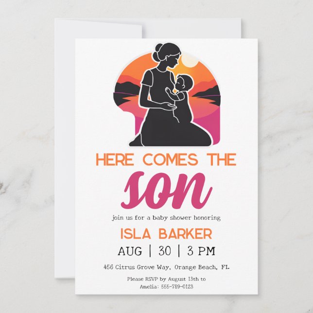 Here comes the son sunshine baby shower invitation (Front)