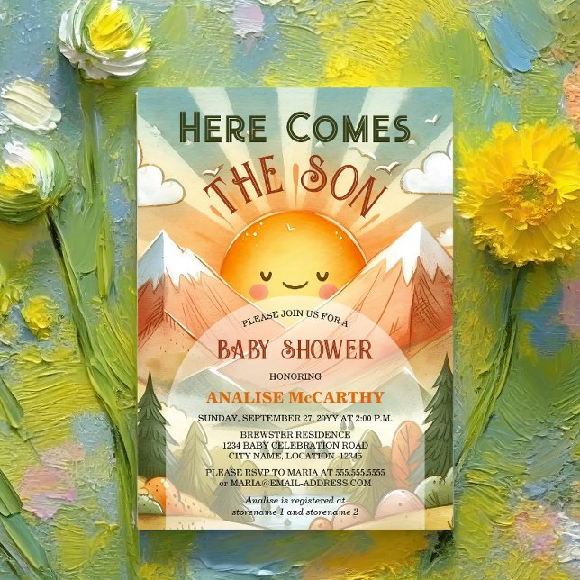Here Comes The Son Sunshine Baby Shower Invitation (Celebrate the birth of your son by inviting your baby shower guests with this retro and fun invite.)