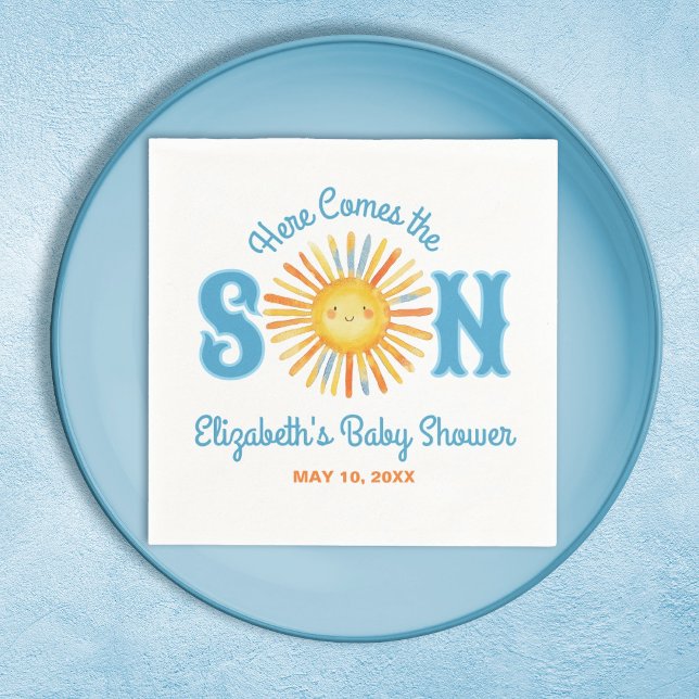 Here Comes the Son Sunshine Baby Shower Napkin (Here Comes the Son baby shower party napkin, Personalize it with your name and date.)