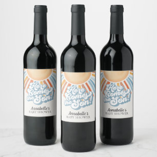 Here Comes the Son Sunshine Boy Baby Shower Wine Label