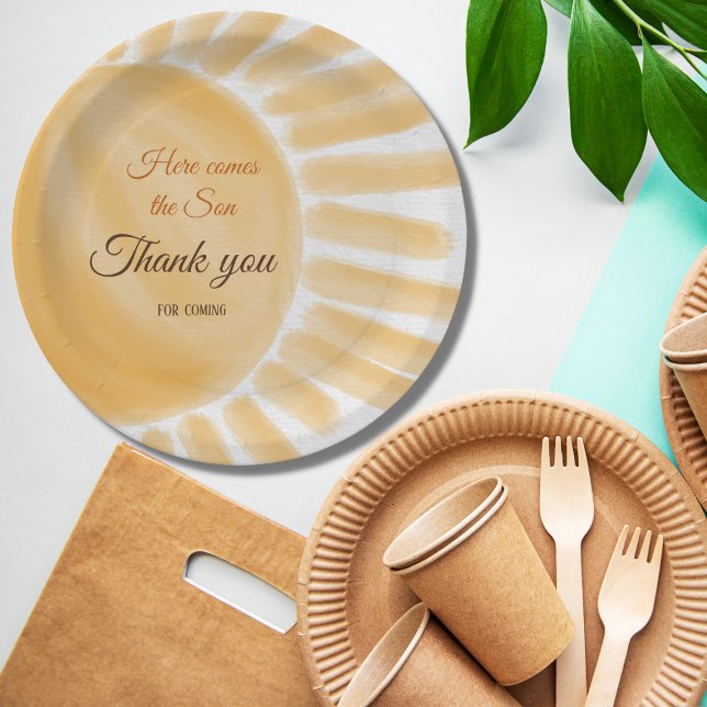 Here Comes the Son Sunshine Yellow Ray Baby Shower Paper Plate (Creator Uploaded)