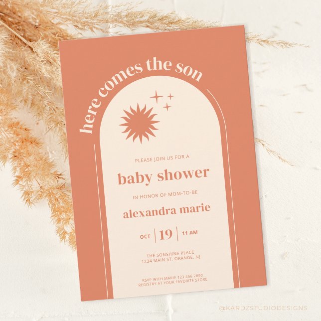 Here Comes the Son Terracotta Boho Baby Shower Invitation (Terracotta, Here comes the son, boho baby shower invitation. With arc, sunshine and stars details)