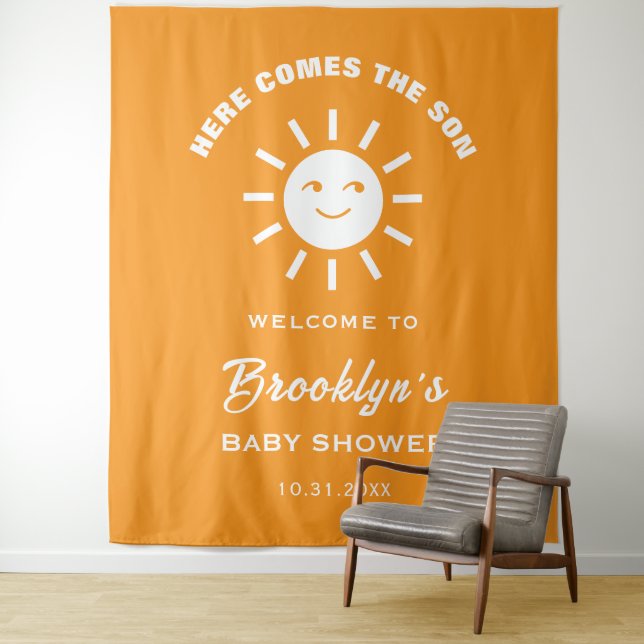 Here Comes The Son Trendy Sun Baby Shower Backdrop Tapestry (In Situ)