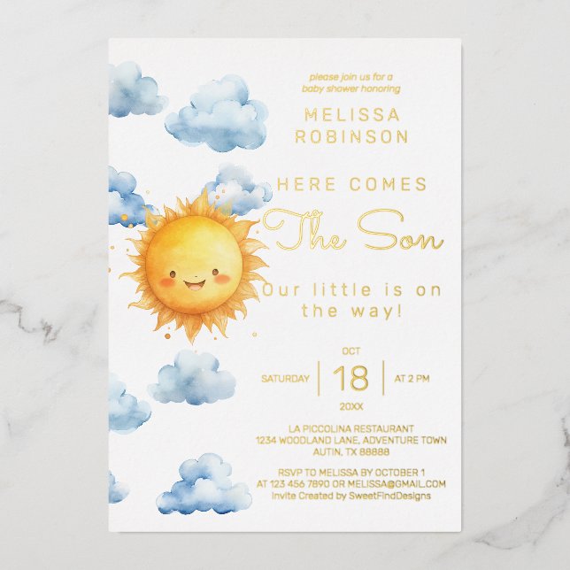 Here comes the son Watercolor Baby Boy Shower (Front)