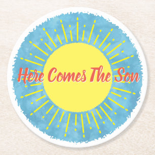 Here Comes The Son Watercolor Baby Shower Custom  Round Paper Coaster