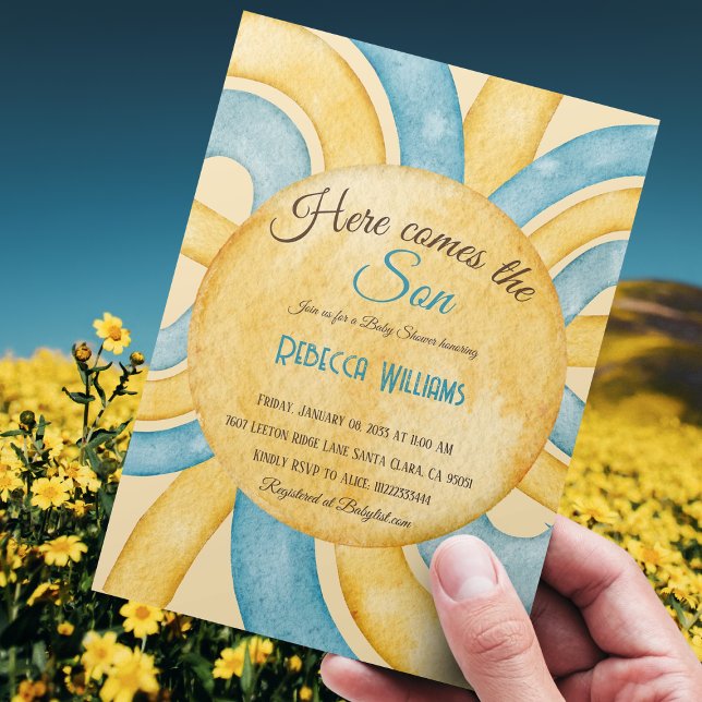 Here Comes the Son Yellow Blue Rays Baby Shower Invitation (Creator Uploaded)