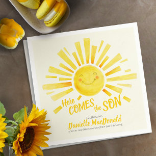 Here comes the son yellow sun whimsy baby shower napkin