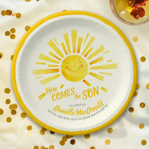 Here comes the son yellow sun whimsy baby shower paper plate