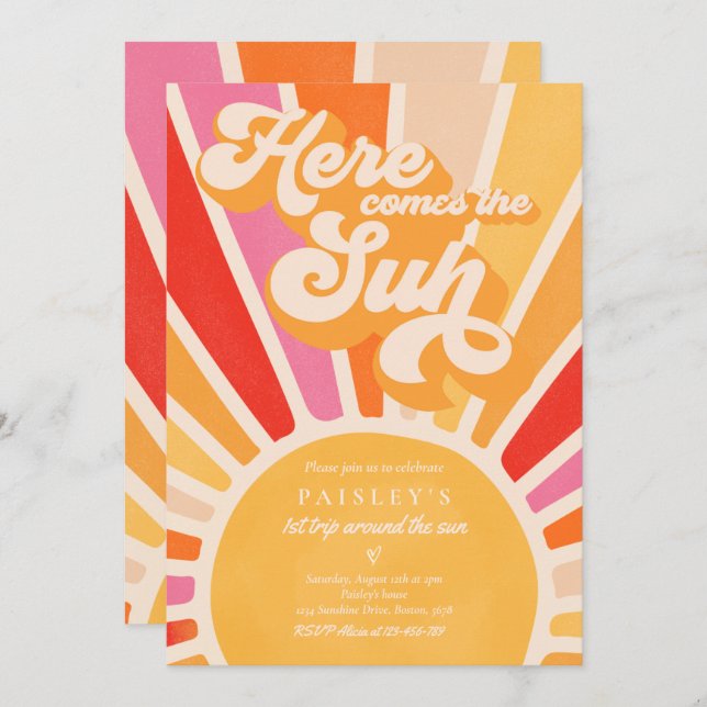 Here Comes The Sun 1st Birthday Sunshine Rainbow Invitation (Front/Back)