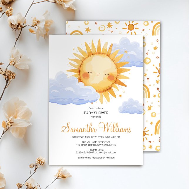Here comes the Sun baby shower invitation  (Here comes the Sun watercolor cute baby shower invitation )