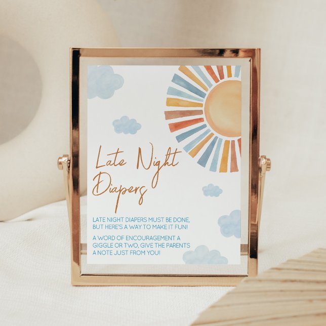 Here Comes The Sun Baby Shower Late Night Diapers Poster (Blue Boho Sunshine Baby Shower Late Night Diapers Sign)
