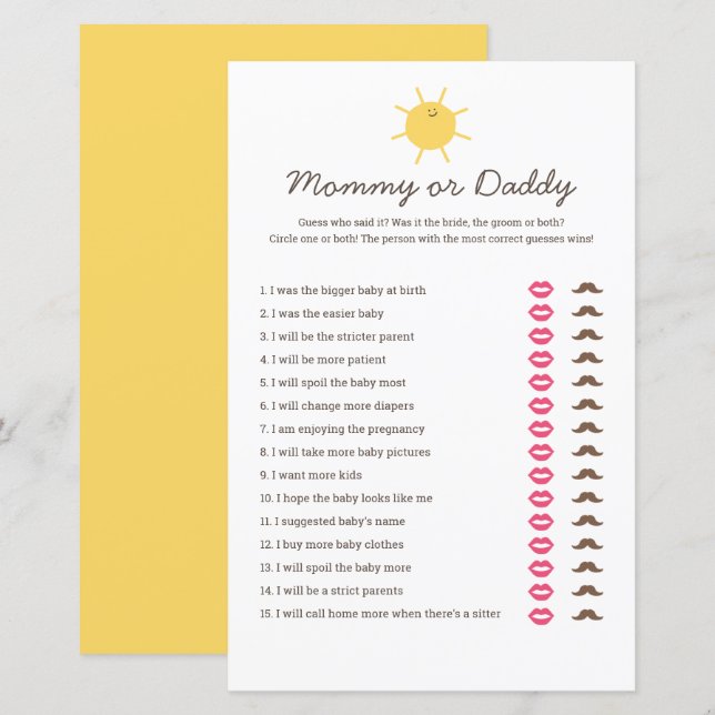 Here Comes The Sun Baby Shower Mummy or Daddy Game (Front/Back)