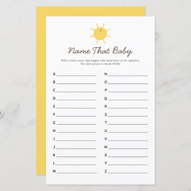 Here Comes The Sun Baby Shower Name That Baby Game (Front/Back)