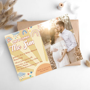 Here Comes The Sun Baby Shower Rainbow Photo Invitation