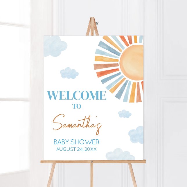 Here Comes The Sun Baby Shower Welcome Poster (Blue Boho Sunshine Baby Shower Welcome Sign)