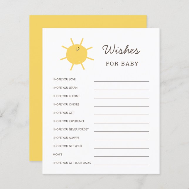 Here Comes The Sun Baby Shower Wishes Advice Cards (Front/Back)