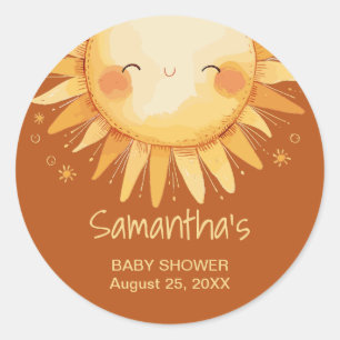 Here comes the Sun boho baby shower Enclosure Card Classic Round Sticker