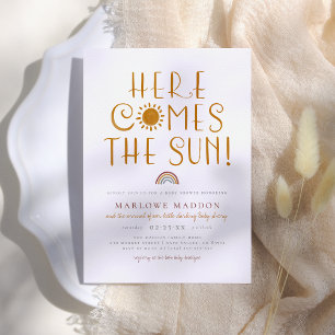 Here Comes The Sun   Boho Rainbow Baby Shower Invitation