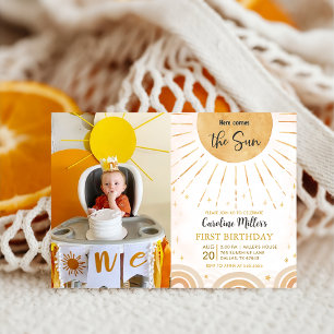 Here Comes the Sun Boho Sunshine Birthday Photo Invitation