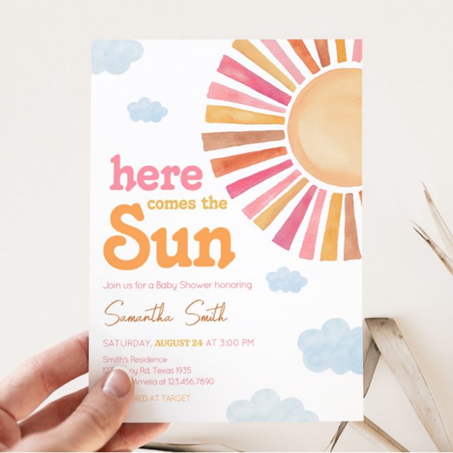 Here Comes The Sun Girl Baby Shower Invitation (Sunshine Baby Shower Invitation)