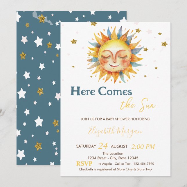 Here Comes The Sun Gold Glitter Stars Baby Shower  Invitation (Front/Back)