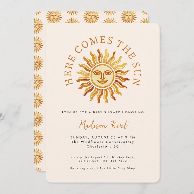 Here Comes the Sun Modern Boho Sun Baby Shower Invitation (Front/Back)