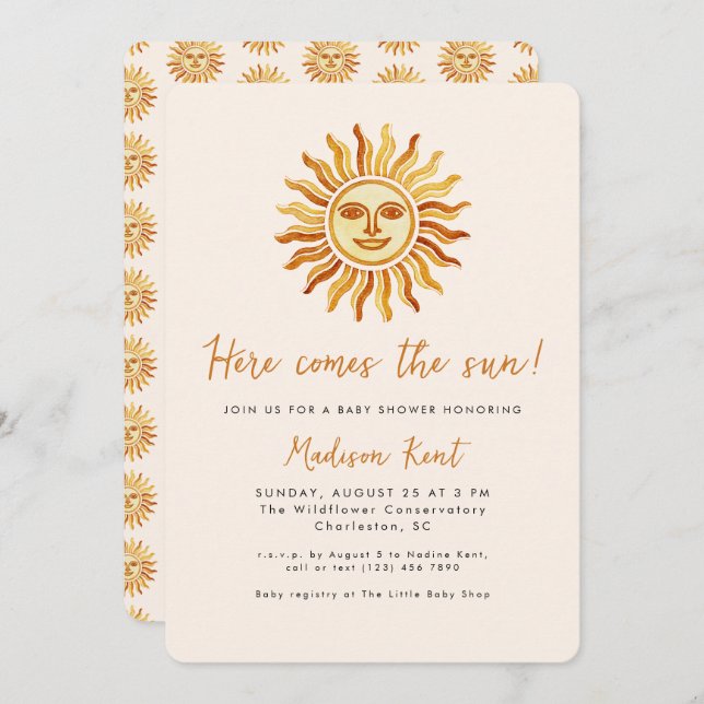 Here Comes the Sun Modern Boho Sun Baby Shower Invitation (Front/Back)