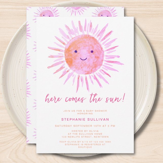 Here Comes The Sun Pink Baby Shower Invitation (Creator Uploaded)
