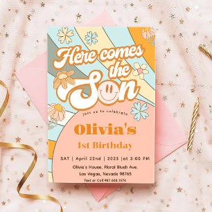 Here Comes The Sun Rainbow 1st Birthday Invitation