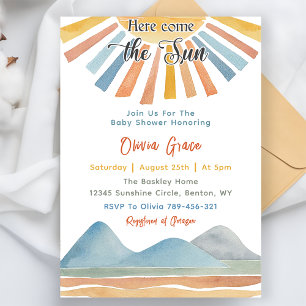 Here Comes The Sun Retro Rainbow Baby Shower Invitation