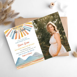Here Comes The Sun Retro Rainbow Baby Shower Invitation