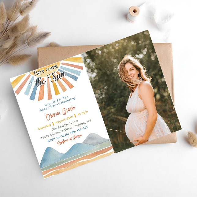 Here Comes The Sun Retro Rainbow Baby Shower Invitation (Creator Uploaded)