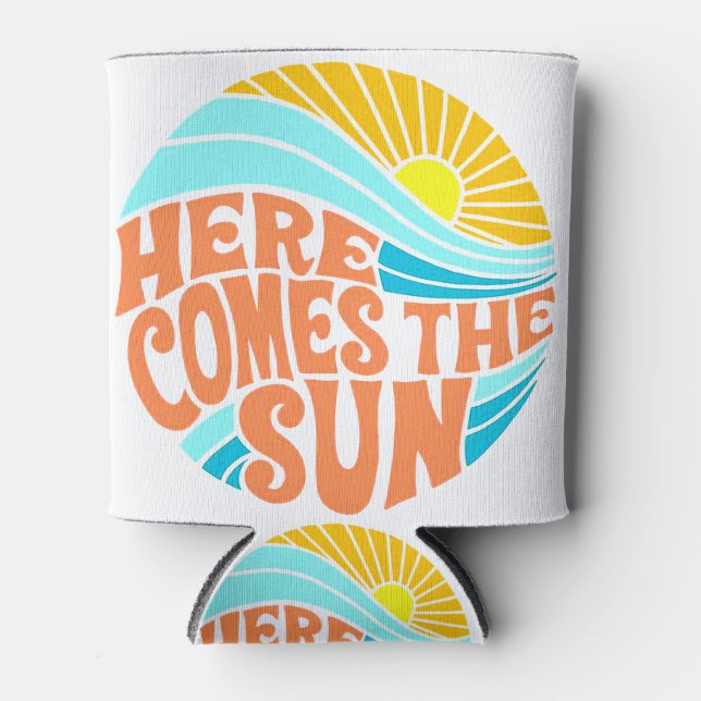 Here Comes the Sun Tee, Retro Style, Hippie Style Can Cooler (Front)