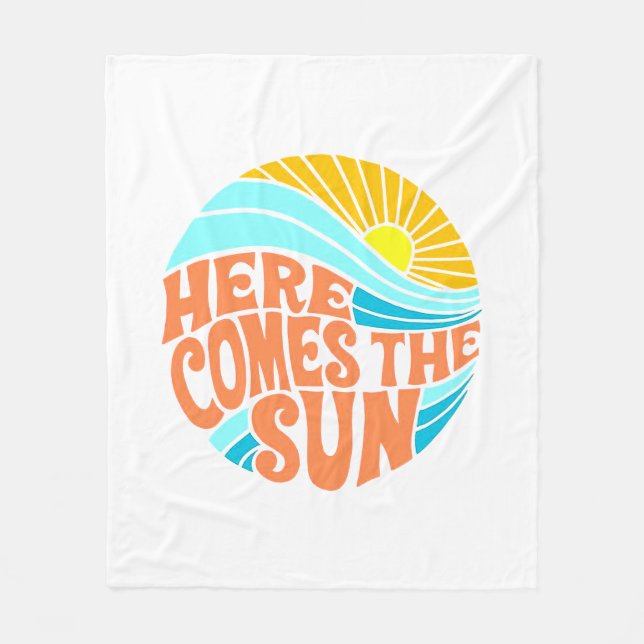 Here Comes the Sun Tee, Retro Style, Hippie Style Fleece Blanket (Front)
