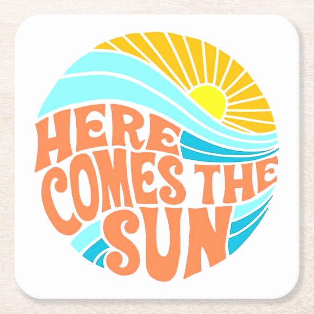 Here Comes the Sun Tee, Retro Style, Hippie Style  Square Paper Coaster (Front)