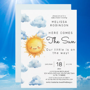 Here comes the sun Watercolor Baby Boy Shower Invitation