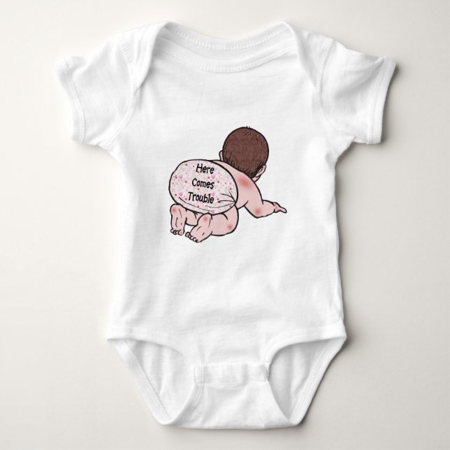 Here Comes Trouble Baby Baby Bodysuit (Front)