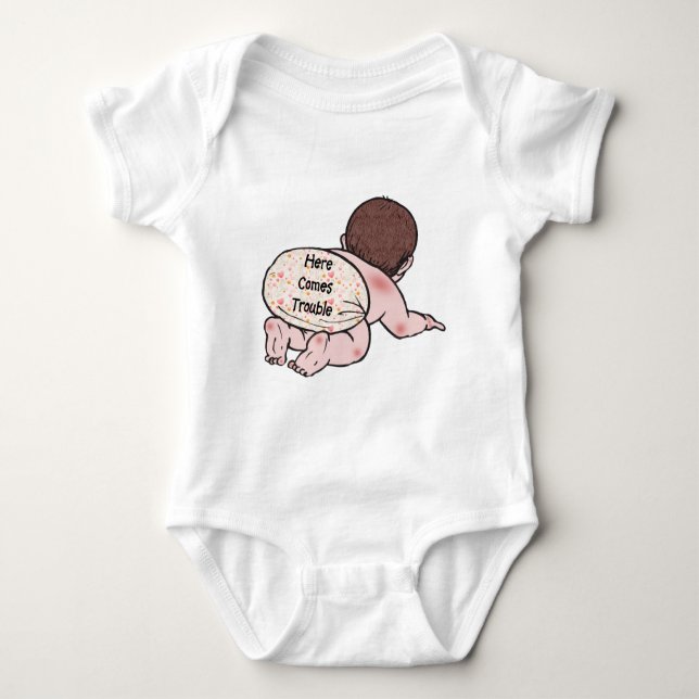 Here Comes Trouble Baby Bodysuit (Front)