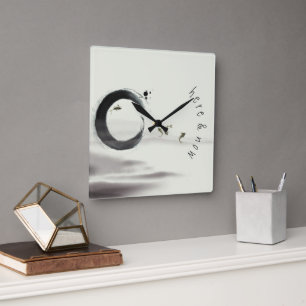Here & Now / Zen Circle Enso Koi Brush Painting Square Wall Clock