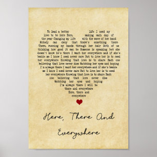 Here There And Everywhere Vintage Heart Song Lyric Poster