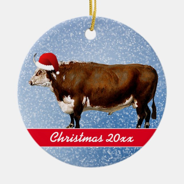 Hereford Bull and Santa Hat  Ceramic Ornament (Front)
