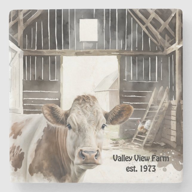 Hereford Cow and Rooster In Barn Stone Coaster (Front)
