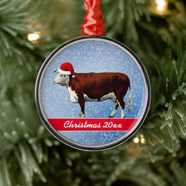 Hereford Cow and Santa Hat Metal Ornament (Tree)