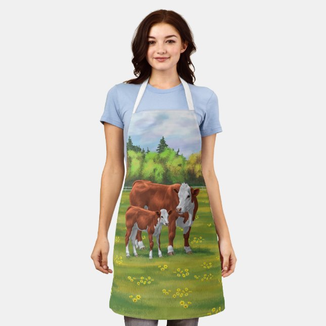 Hereford Cow & Cute Calf in Summer Pasture Apron (Worn)