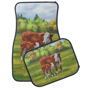 Hereford Cow & Cute Calf in Summer Pasture Car Mat