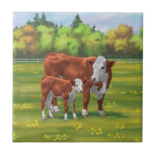 Hereford Cow & Cute Calf in Summer Pasture Ceramic Tile